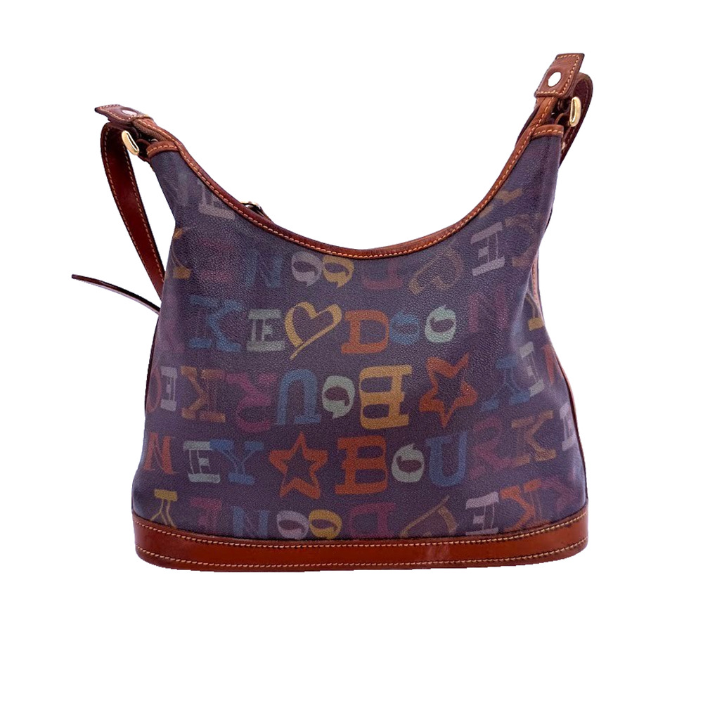 Dooney & Bourke Multicolor Letter Print Hobo Shoulder Bag Brown Leather Trim